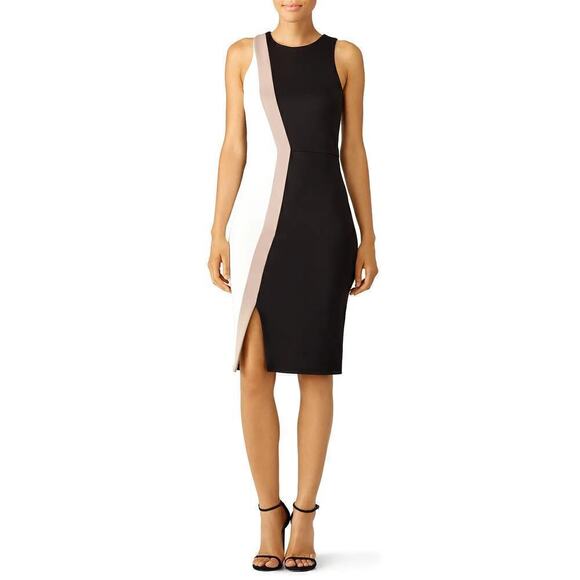 Slate & Willow Colorblock Dress Sleeveless Cutout Hem Sheath Black White Tan L - Picture 3 of 12